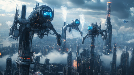 Poster - A smart city or Industry 4.0 uses technology like robots and cloud computing to make things more efficient and modern, like a futuristic city with robotic arms working together.
