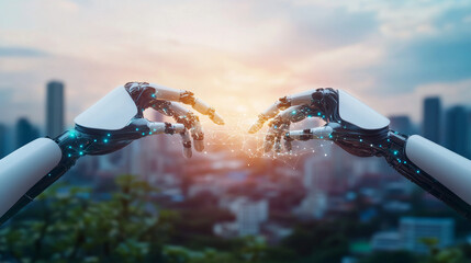 Poster - A smart city or Industry 4.0 uses technology like robots and cloud computing to make things more efficient and modern, like a futuristic city with robotic arms working together.