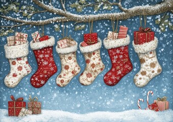 Poster - Six Christmas Stockings Hung on a Snowy Branch with Gifts