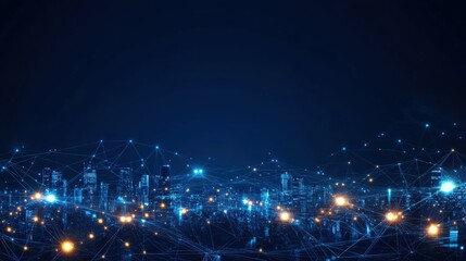 Poster - Futuristic cityscape with glowing network lines and lights against a dark blue sky.