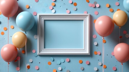 Poster - White Frame Surrounded by Balloons and Confetti on a Blue Wall