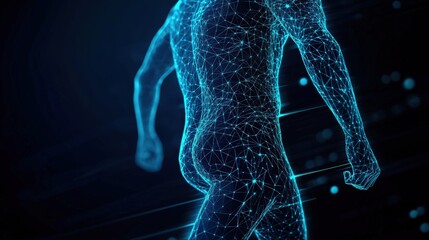 Poster - Futuristic digital human silhouette with glowing blue lines and network pattern.