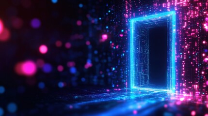 Poster - Futuristic digital portal with vibrant neon colors in a virtual space.