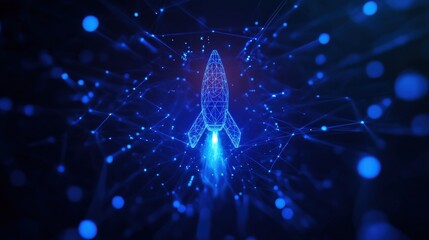 Aufkleber - futuristic digital rocket launching amidst glowing network connections and abstract background.
