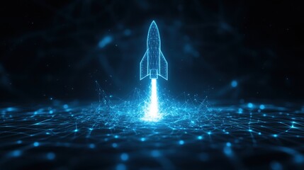 Poster - Futuristic digital rocket launching with blue light particles and network background.