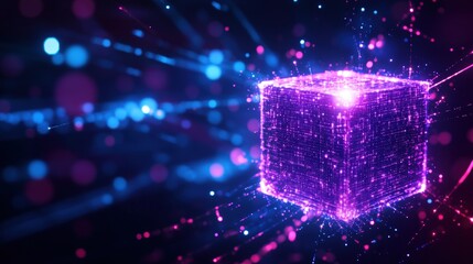 Poster - Futuristic glowing cube with digital particles in a vibrant virtual space.