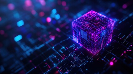 Poster - Futuristic glowing cube and digital network in vibrant neon colors.
