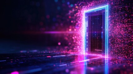 Aufkleber - Futuristic neon door with vibrant lights and digital particles in a virtual environment.