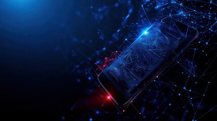 Poster - Futuristic smartphone with digital network, glowing in blue and red lights on dark background.