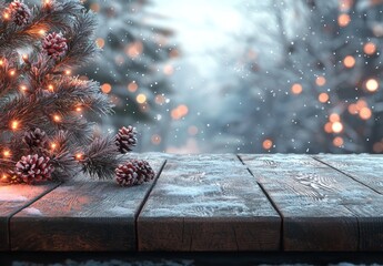 Poster - Snowy Pine Branches with Lights and Pinecones on a Wooden Tabletop