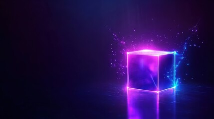 Poster - Glowing neon cube with vibrant colors on a dark background, showcasing futuristic technology.