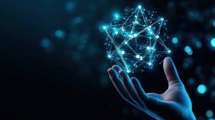 Poster - Hand holding glowing digital network structure on dark background, representing technology advancement.