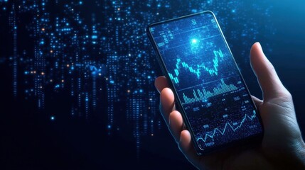 Poster - Hand holding smartphone with digital finance graph interface, technology concept.
