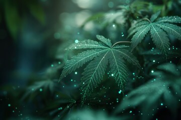 Poster - Close-up of a Green Leaf Covered in Dew Drops with a Bokeh Background