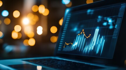 Poster - Laptop displaying a financial graph with a blurred bokeh background of warm lights.