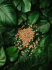 Poster - A cluster of soybeans lies surrounded by large green tropical leaves, creating a natural and lively atmosphere in bright daylight. Generative AI