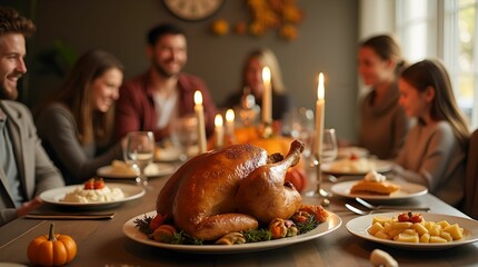 Cheerful family sitting at the table celebrating Thanksgiving Day