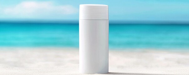 Poster - Product branding preview of a travel-sized skincare container with logo, against a sandy beach background