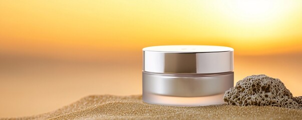 Poster - Product branding preview of a travel-sized skincare container with logo, against a sandy beach background