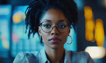 Poster - Close-up Portrait of a Black Woman with Glasses and Dreadlocks