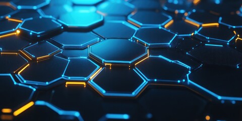 Poster - Abstract Futuristic Hexagonal Pattern with Blue and Orange Glowing Lines