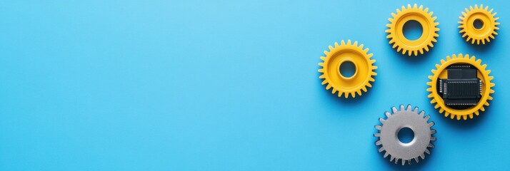 Fototapete - Several mechanical gears in yellow and gray are creatively arranged with a microprocessor against a bright blue background, highlighting innovation. Generative AI