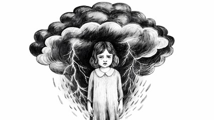 illustration of a little girl with a thundercloud background