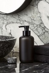 Poster - Product mockup for a high-end lotion bottle with custom logo, displayed in a luxurious bathroom setting