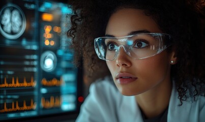 Aufkleber - Woman in Safety Glasses Looking at Medical Data on Computer Screen
