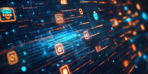 Fototapete - Abstract digital interface with glowing icons and data streams