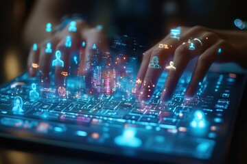 Fototapete - Hands Typing on a Keyboard with a Digital Cityscape and User Interface Icons