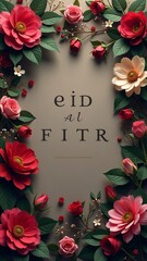Aufkleber - A gold embossed sign with red flowers and gold letters that say Eid al-Fitr
