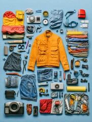 Aufkleber - A vibrant collection of recycled and upcycled items showcases jackets, textiles, cameras, and various tools on a bright blue surface. Generative AI