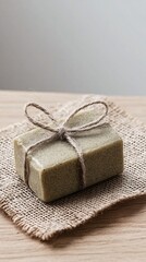 Poster - Product branding mockup of a soap bar with customized wrapper on a natural wood surface