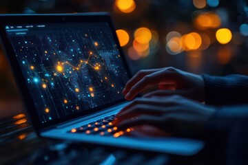 Aufkleber - Person Using Laptop with Data Visualization on Screen
