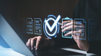 Fototapete - Digital approval process with holographic checkmarks.