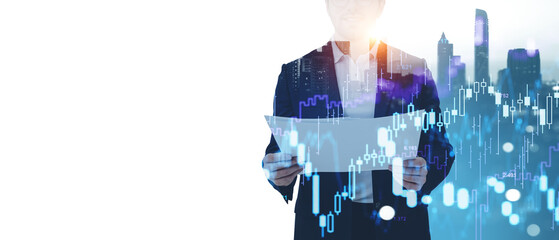 Poster - Businessman holding paper, stock chart overlay, city skyline bac