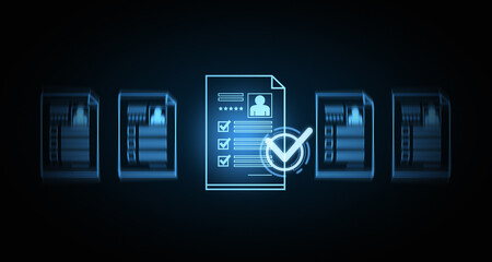 Poster - Glowing digital checklist with highlighted document and checkmark on dark background. 3D Rendering