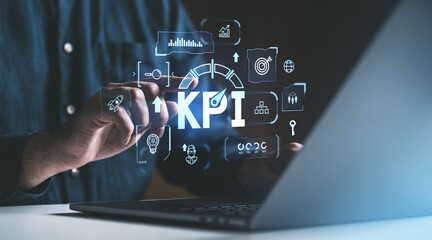 Poster - Businessperson interacting with KPI data visualization on a digital interface over a laptop, concept of business performance measurement.