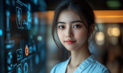 Poster - Woman Looking at a Digital Interface with Biometric Data