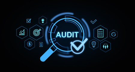Poster - Digital audit illustration with magnifying glass, check mark, and hexagon icons on black background, concept of analysis. 3D Rendering