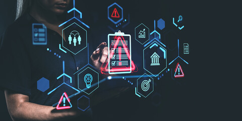 Poster - Concept of risk management with safety and warning icons on a di