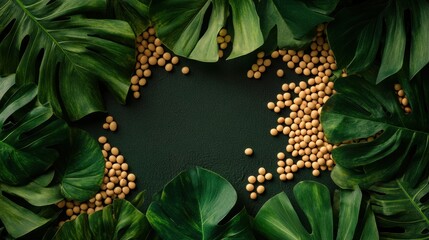 Poster - Lush tropical leaves frame scattered soybeans, creating a vibrant and rich natural display in a serene environment. Generative AI
