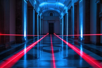 Poster - Red laser beams intersect dramatically in a historic hallway, illuminating the marble floor while enhancing the architectural beauty at night. Generative AI