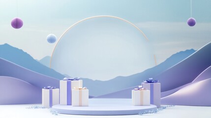 Aufkleber - minimalist pastel blue and purple scene with gift boxes and a round pedestal