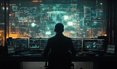 Aufkleber - A Hacker Silhouetted Against A City Skyline With Screens Displaying Code And Data