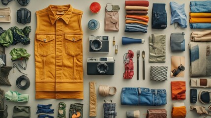 Fototapete - A curated collection of recycled clothing, accessories, and cameras arranged neatly on a flat surface, highlighting sustainability and creativity. Generative AI