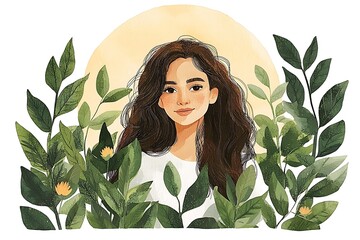 Wall Mural - Watercolor Portrait of a Young Woman Surrounded by Lush Greenery.  A serene illustration perfect for wellness, beauty, or nature-themed projects.