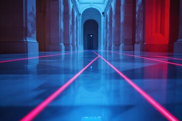 Leinwandbilder - Red laser security beams crisscross an ornate corridor, adding tension to a suspenseful atmosphere during an ongoing investigation. Generative AI