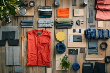 Aufkleber - An assortment of recycled fabrics, tools, and materials is meticulously laid out on a wooden table, showcasing creativity and sustainability. Generative AI